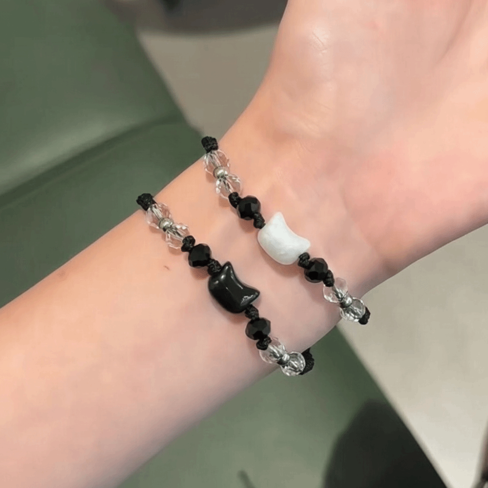 Cute Couple Bracelet with Minimalist Moonstone and Obsidian Design